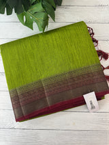 Jute silk sarees with contrast pallu & blouse MJL396 - ParrotGreen to MaroonRed