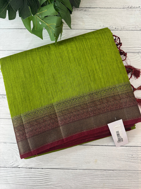 Jute silk sarees with contrast pallu & blouse MJL396 - ParrotGreen to MaroonRed