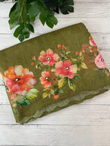 Digital printed semi Linen Saree MLS711- OliveGreen