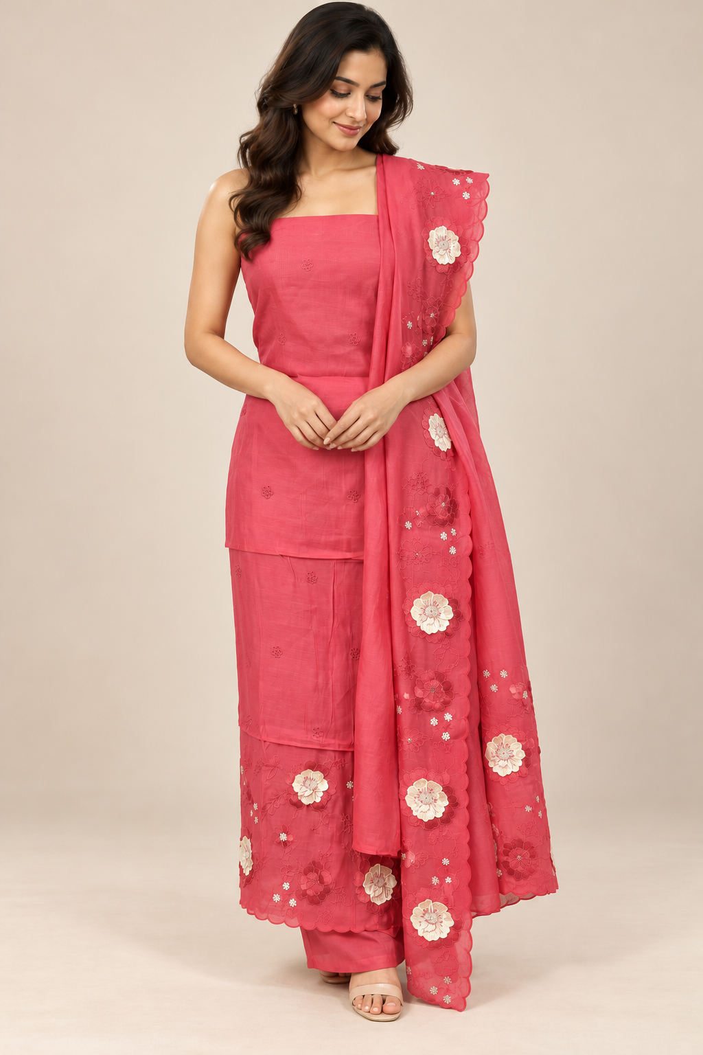 Unstitched Malai chanderi suit set with applique work- MK157 CrimsonPink