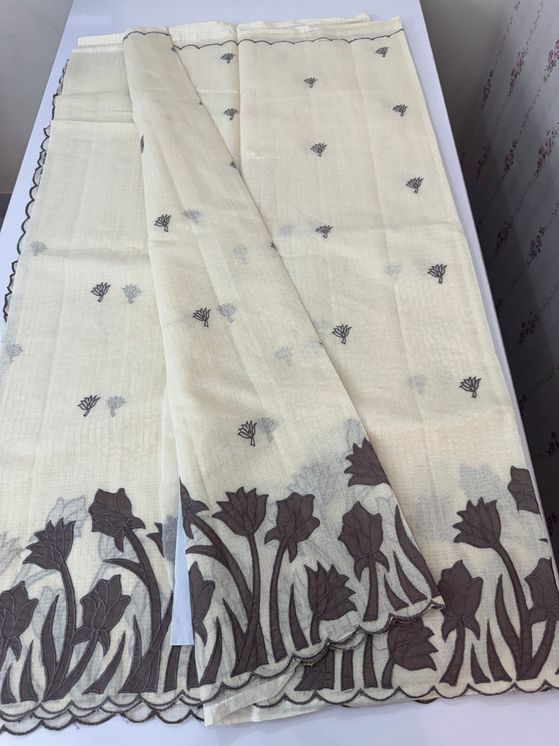 Jute Linen Applique work saree  -MSH128 Offwhite to DarkGrey