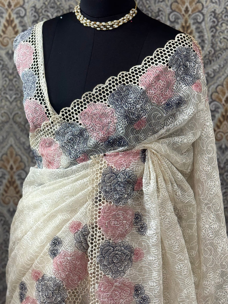 Cutwork Phulkari NetKota Embroidery saree - OffWhite