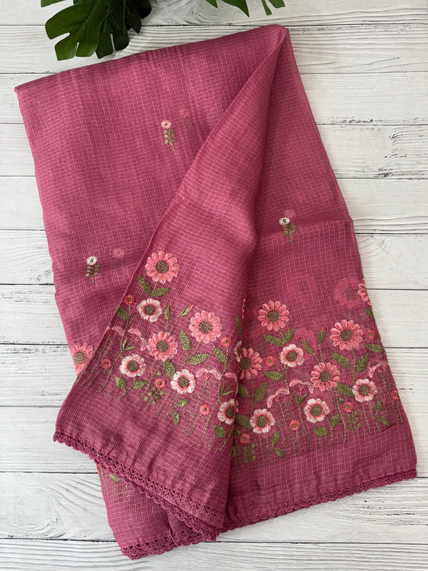 Soft kota checks saree with embroidery - SVPSNM Pink