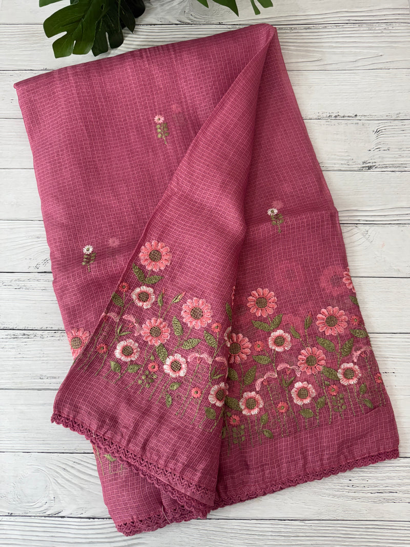 Soft kota checks saree with embroidery - SVPSNM Pink