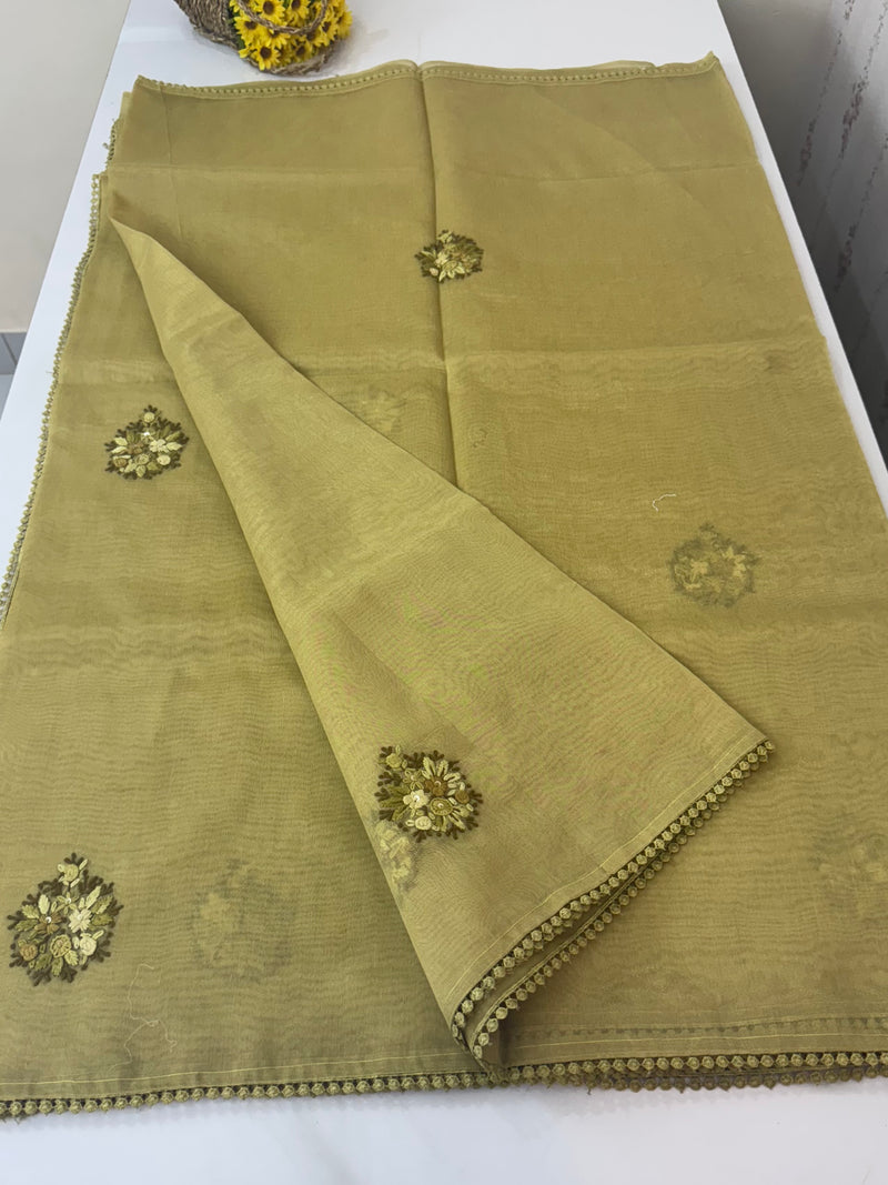 Handworked Tissue silk saree with French knots FBLK162 YellowMixGreen