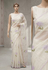 Moonga checks saree with applique work MS81789 - White to Lavender