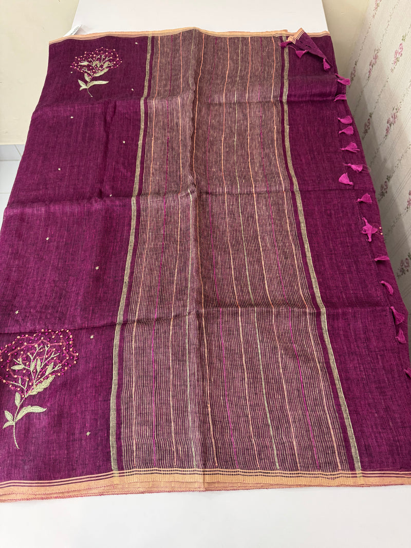 Pure linen handwork sarees MLS7854
