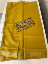 Shimmer semi linen saree with printed blouse MLS7190 (2) Yellow