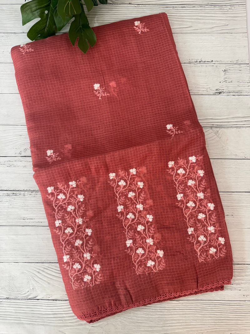 Kota checks saree with embroidery SVTS34 - Rusty darkpeach