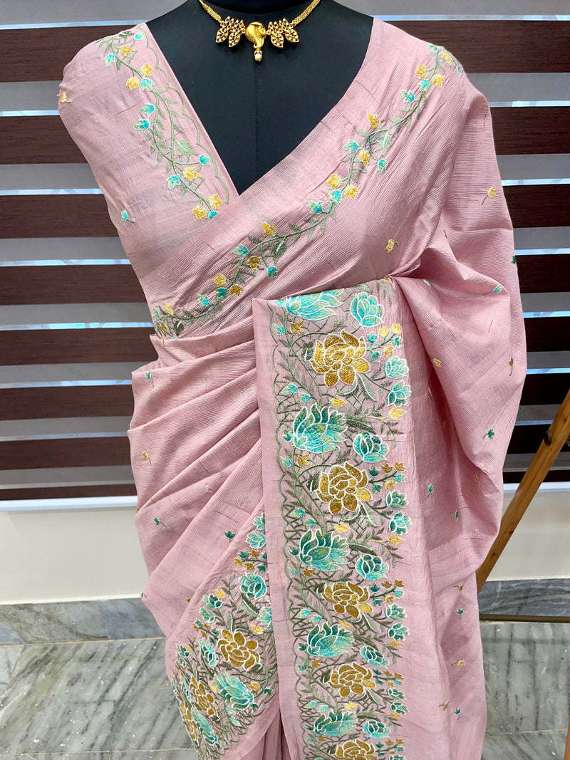 Crushed semi tussar silk saree with embroidery- SNFCYEY34 OnionPink