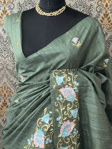Blended tussar silk saree with cross stitch embroidery - MS78911
