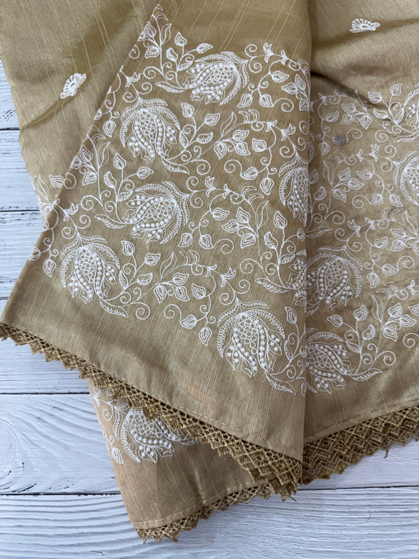 Art silk saree with white thread embroidery SVTS29 - Chikoo