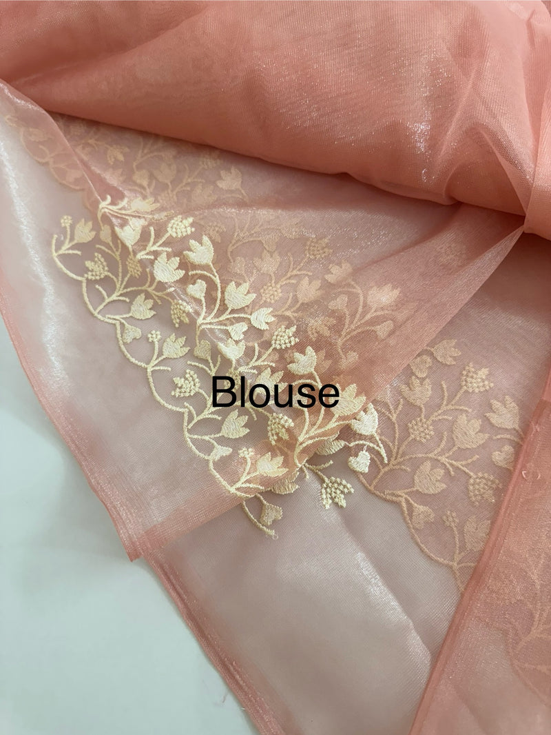 Glassy tissue organza saree with embroidery FKSF88-Peach