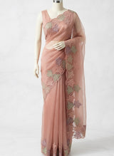 Handworked glass organza saree with applique work- MSHW227- Peach