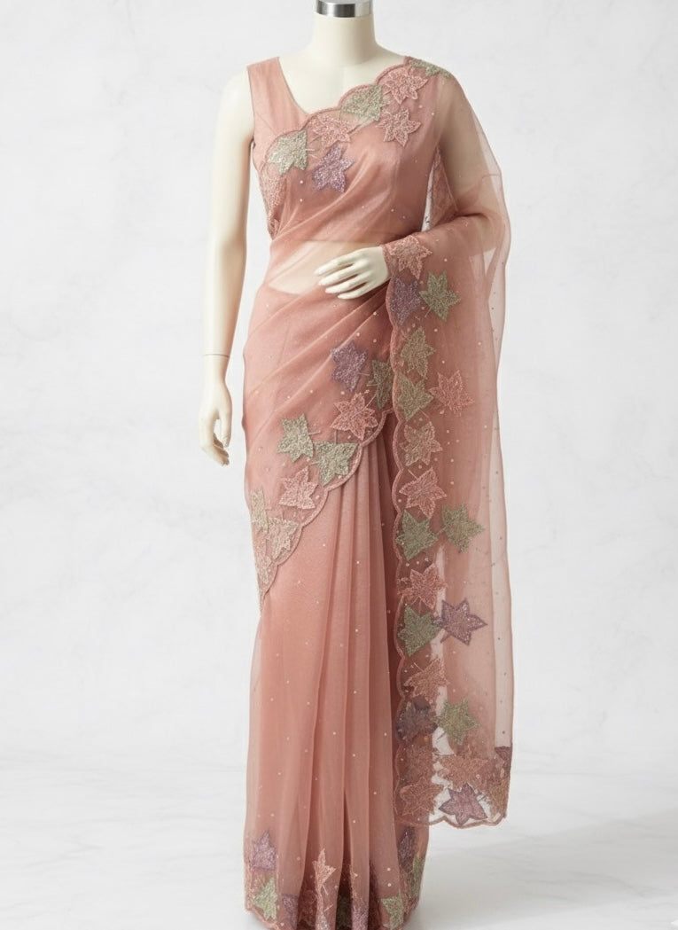 Handworked glass organza saree with applique work- MSHW227- Peach