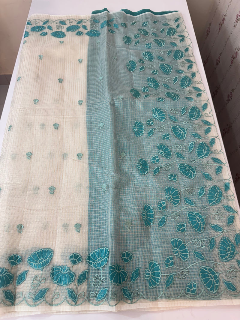 Tissue silk saree with zari checks and applique work  MSH105- Offwhite to Blue