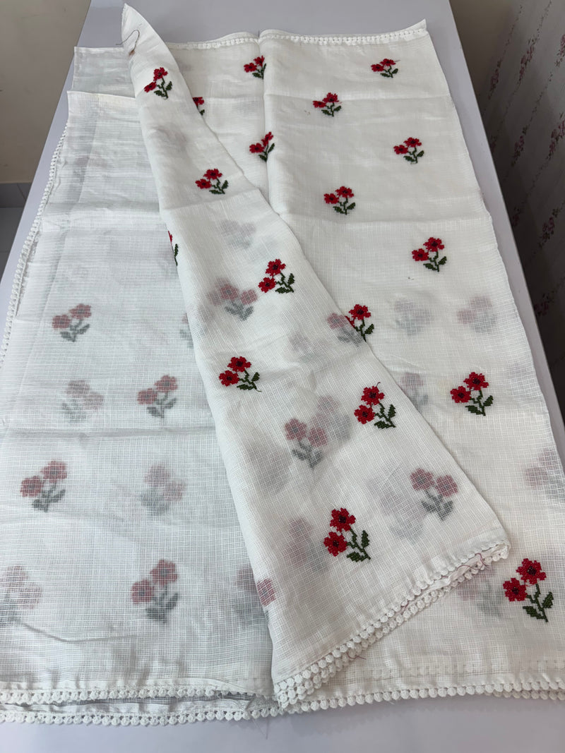 Kota checks embroidery saree White & Red