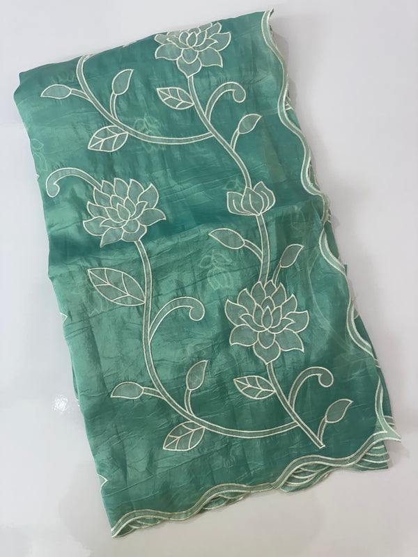 Crush Organza Applique work saree MS14987- Blue