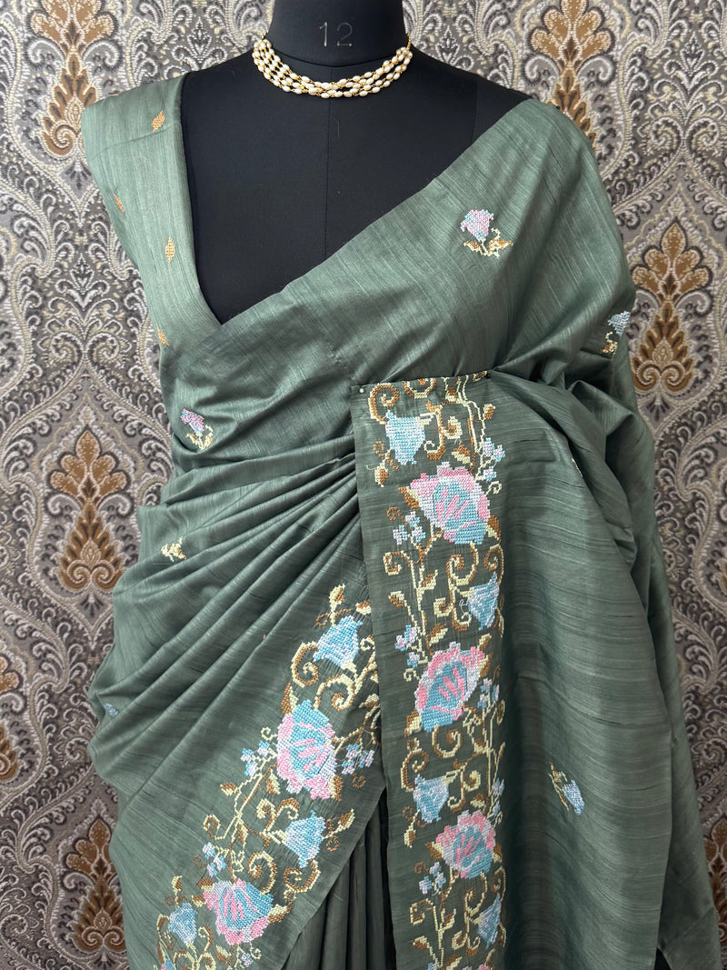 Blended tussar silk saree with cross stitch embroidery - MS78911