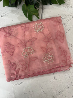Glassy tissue organza saree with embroidery FKSF788 PeachPink