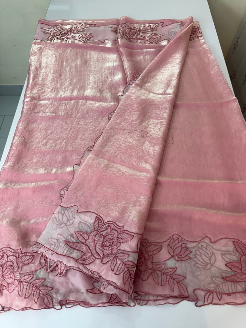 Fancy satin silk organza saree with applique borders
 MS14207 Pink
