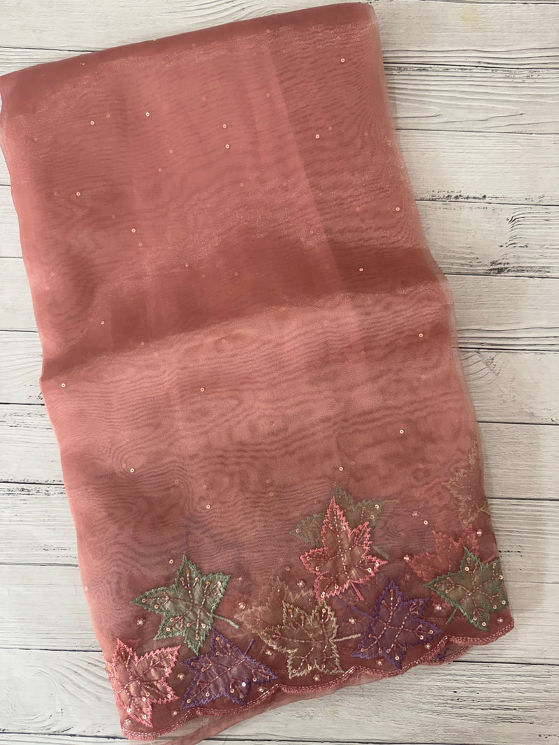 Handworked glass organza saree with applique work- MSHW227- Peach