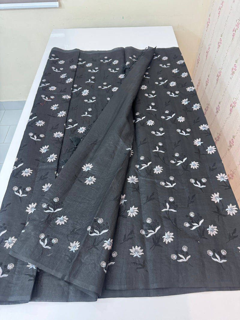 Crushed Blended tussar silk saree with embroidery- MSB7654 Black