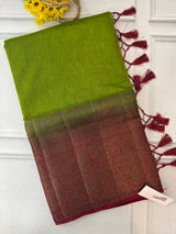 Jute silk sarees with contrast pallu & blouse MJL3412 Parrot Green to Maroon