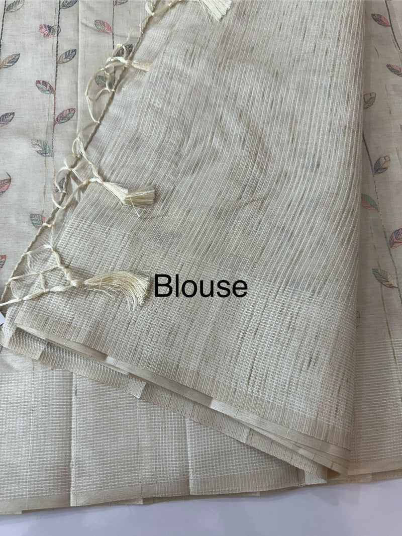 Blended tussar saree with embriodery - MS8665 Cream