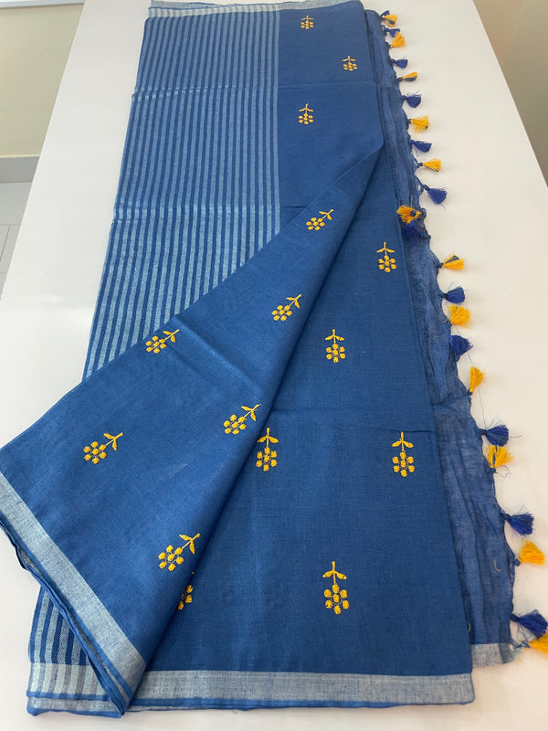 Pure Linen saree with embroidery MLS7865 BLUE