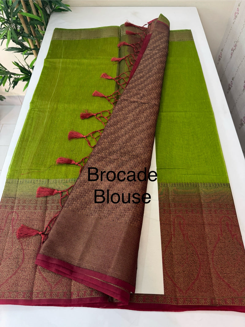 Jute silk sarees with contrast pallu & blouse MJL3412 Parrot Green to Maroon