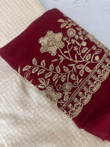Crepe chiffon saree with handworked blouse MS40099 Cream to MaroonRed