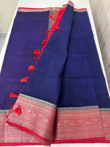 Jute silk sarees with contrast pallu & blouse MJL399 DarkBlue to Blue