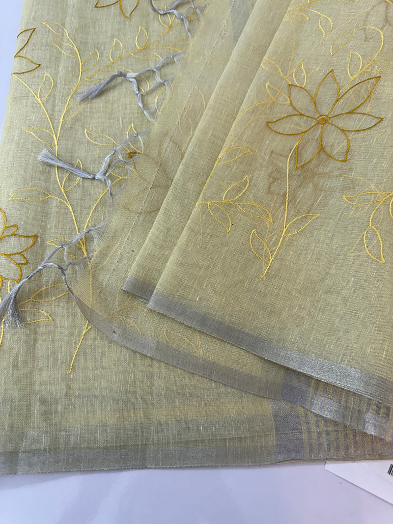 Tissue Linen Saree with embroidery MRS786- Pastel Yellow