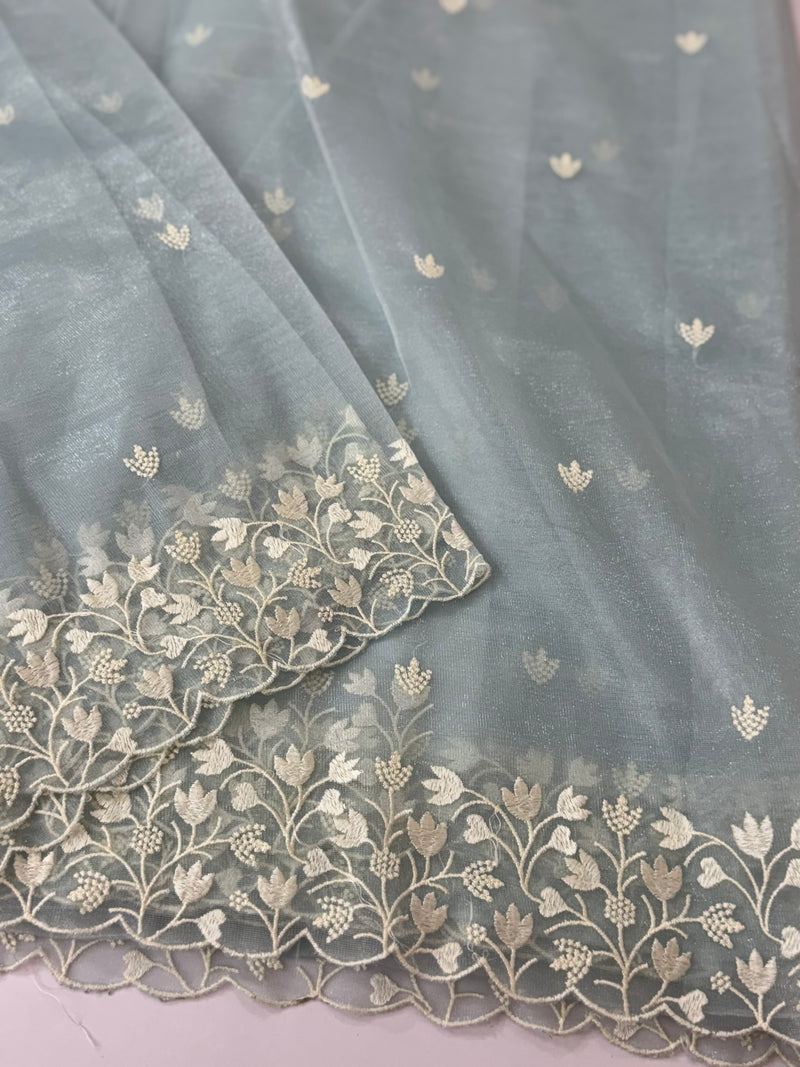 Glassy tissue organza saree with embroidery FKSF88- PowderBlue