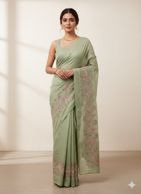 Soft kota checks saree with embroidery - SVPSNM LightGreen