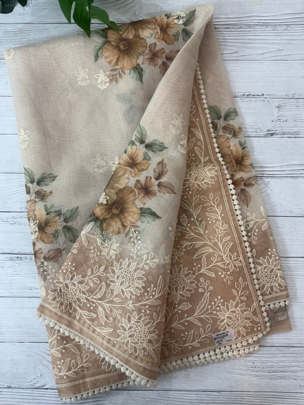 Digital printed Tissue silk saree with Chikankari embroidery MS88786
