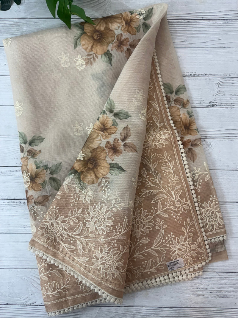 Digital printed Tissue silk saree with Chikankari embroidery MS88786