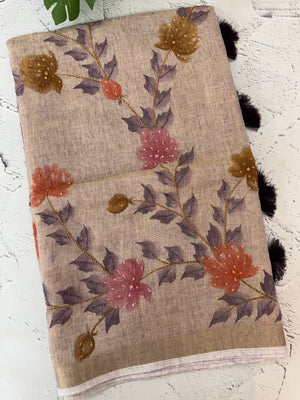 Tissue linen saree with handwork MLS5499