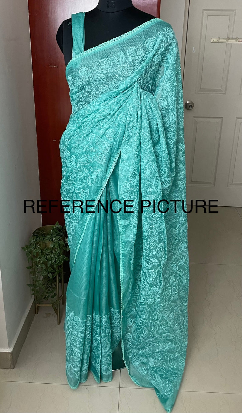 Soft kota checks saree with embroidery (Design 3) MSKC332 DUSTY GREEN