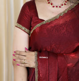 Plain Shimmery crush silk saree with handworked lace border MS99321- Black