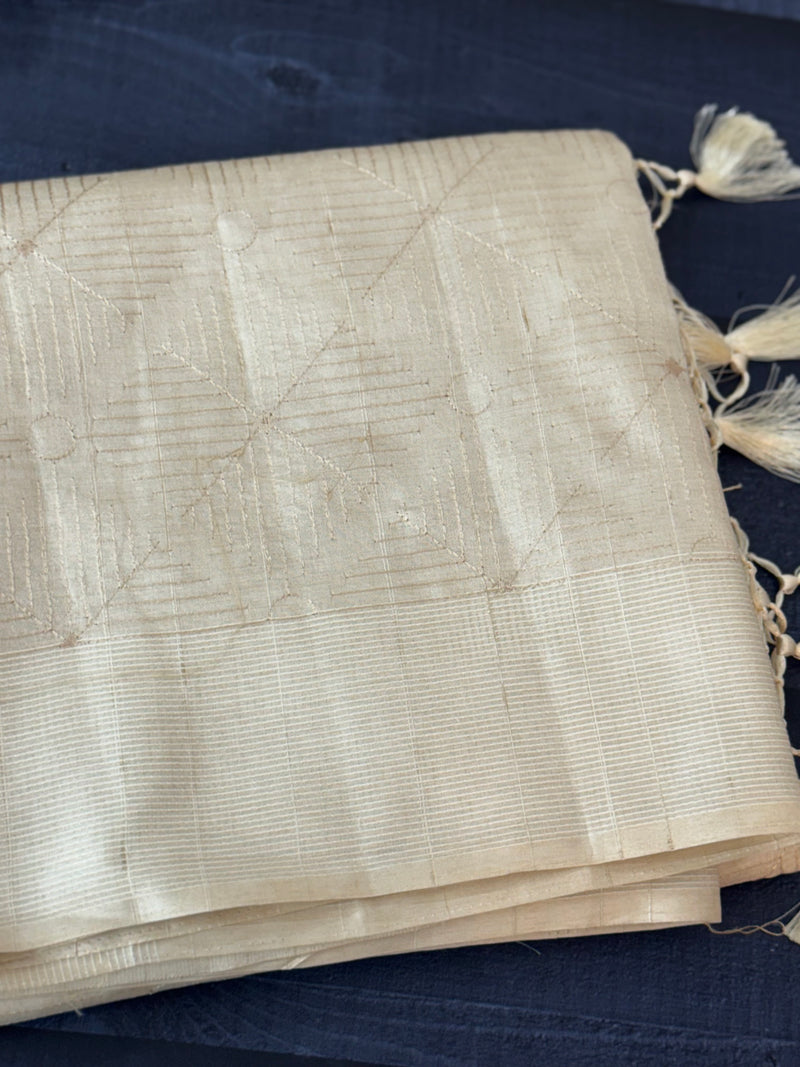 Blended tussar saree with embriodery - MS8665 Cream