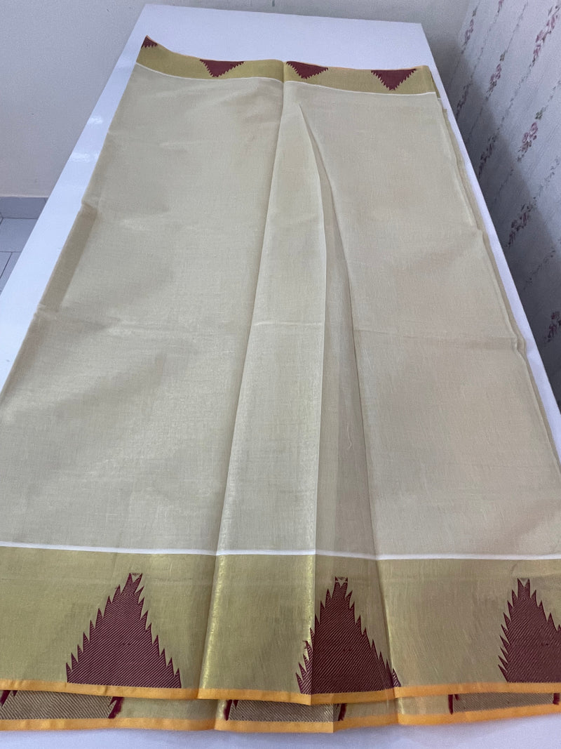 Kerala gold tissue saree with temple border- Maroon