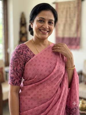 Bhagalpuri pure printed tussar silk saree with block printed pallu & blouse MTSS1407 Pink