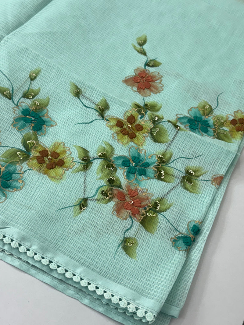 Soft kota silk saree with handpainting & embroidery MS14953 PastelBlue