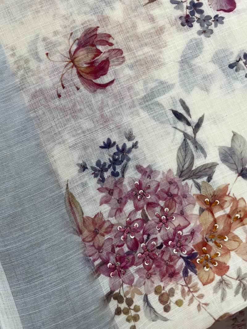 Handworked floral digital printed semi Linen Saree MLS611