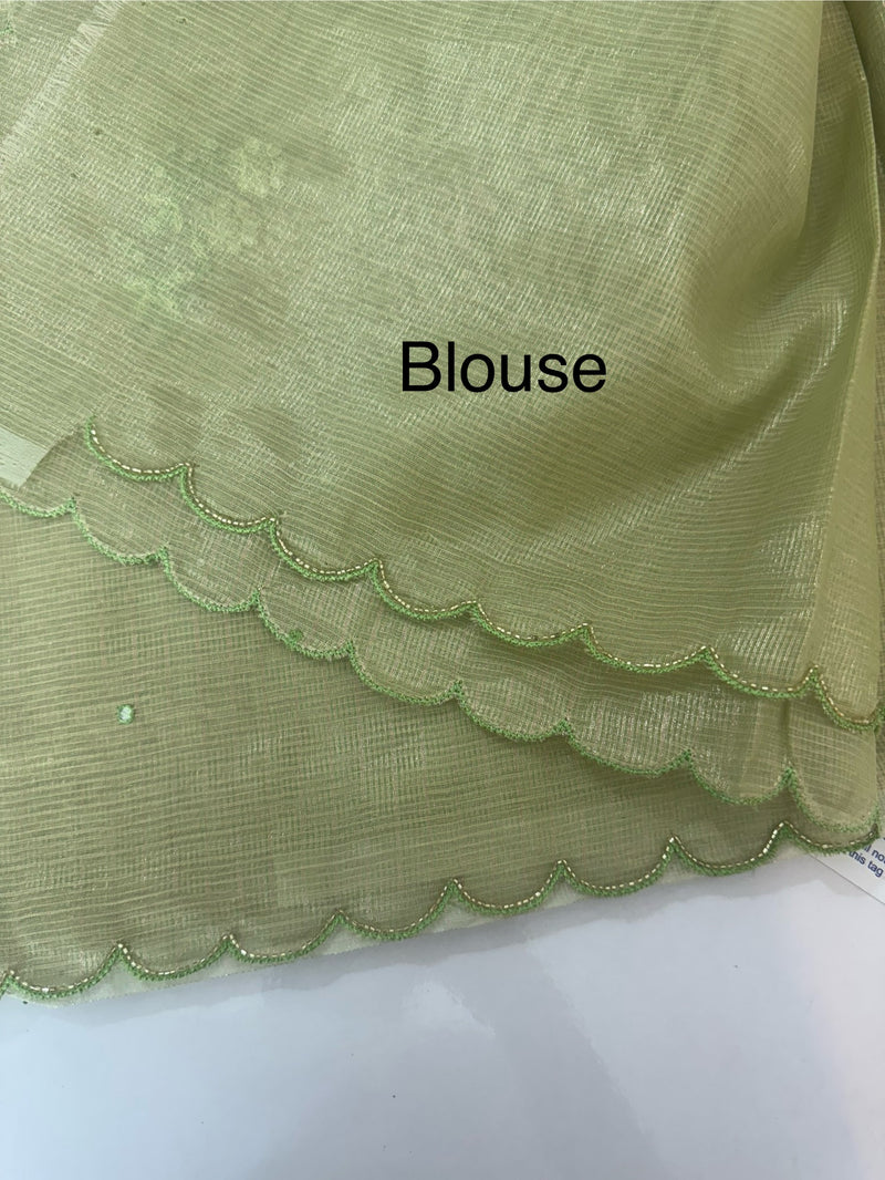 Tissue silk saree with foil work and cutdana scalloped border 
MTSS432- LightGreen