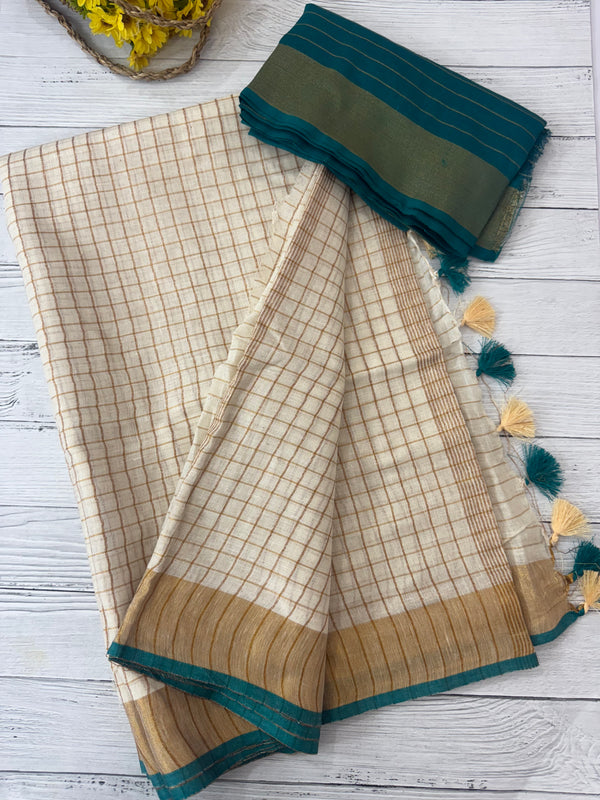 Linen checks saree with antique zari border MLS9766- RAMA GREEN