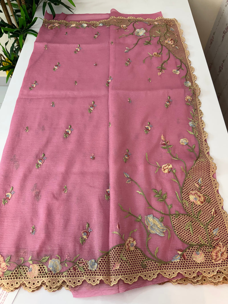 Crush Georgette-Organza cutwork & embroidery saree  MS8501 - BISCCNYY Pink