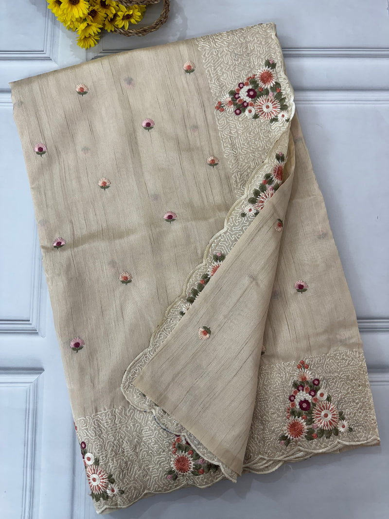 Crepe semi tussar saree with embriodery (Tree design)- MSS678
